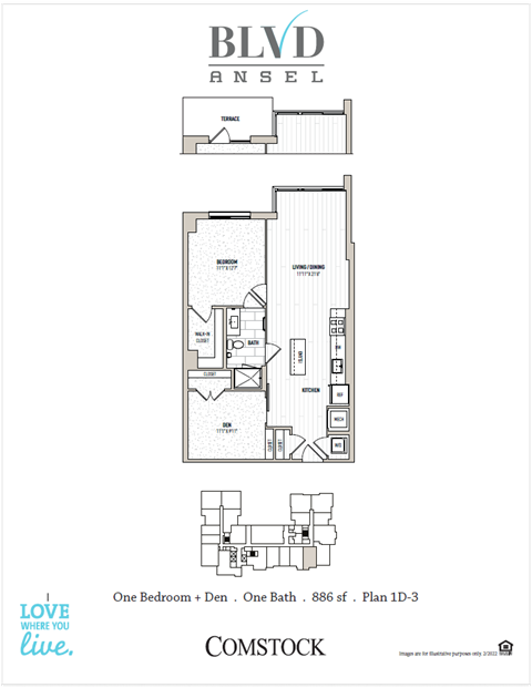 Floor plan for 1 bed, 1 bath, 893 sqft